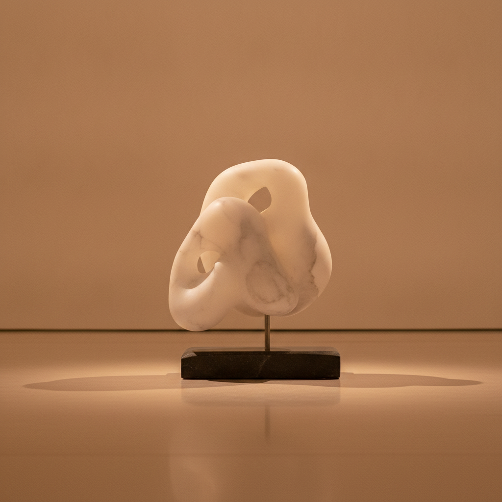 Wit marmeren abstracte sculptuur in een minimalistische museumruimte met warme verlichting